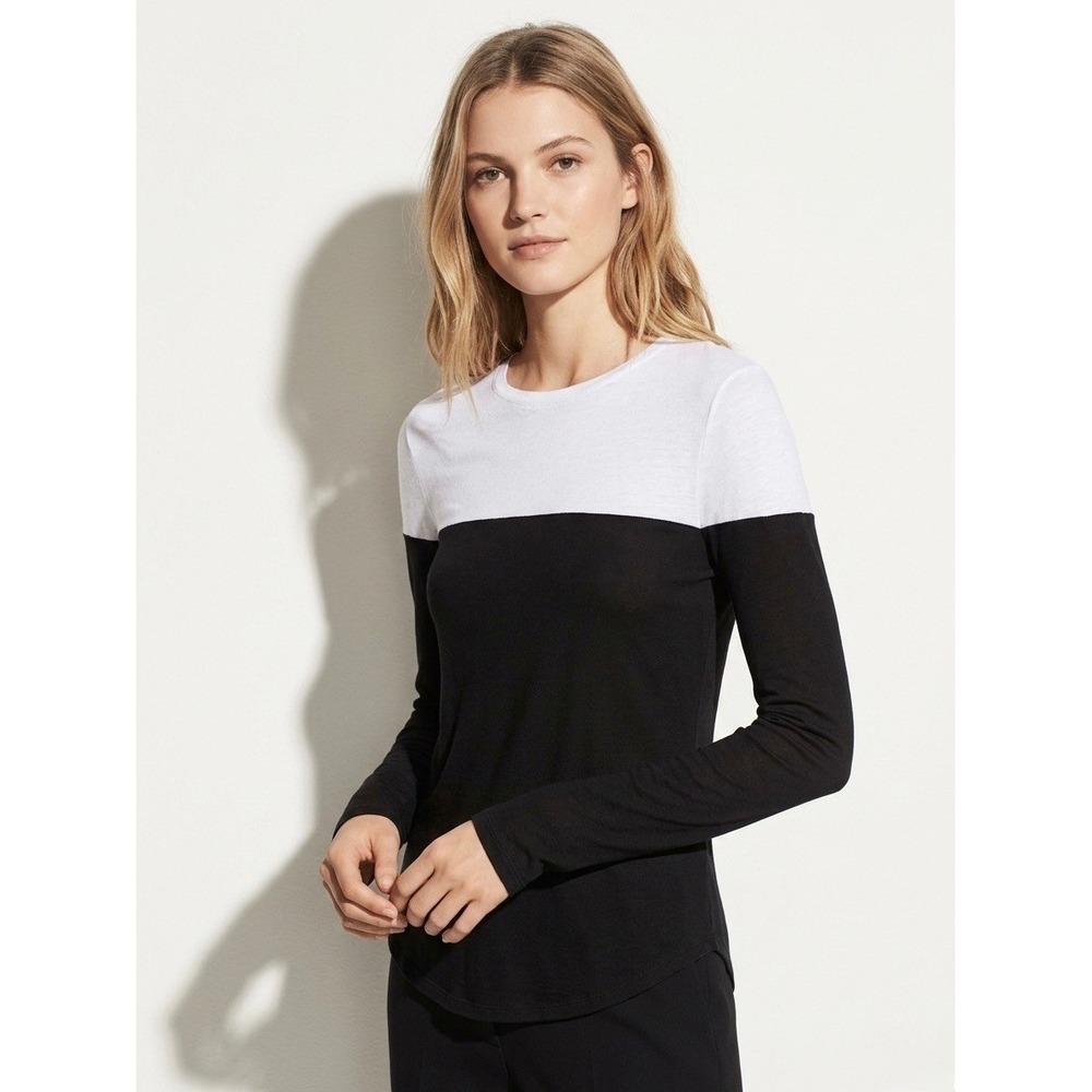 Vince Colorblock Long Sleeve Tee White Black Slub Jersey Crew Neck Small